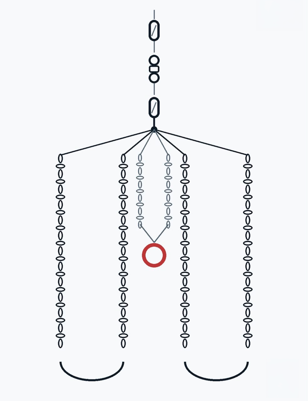 Medusa — technical drawing: six chain drops converging into a single central ring