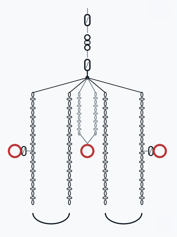 Medusa — technical drawing: six chain drops, a central ring and paired connection rings on the outer legs